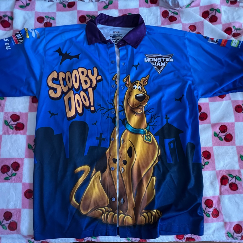 🏁 Scooby-Doo Monster Jam Unisex Driver Shirt Blue Casual Button Down sz M Racing
